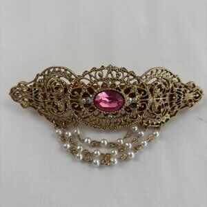 VTG Barrette Gold Tone Rhinestones Pink Dangle Faux Pearls Hair Clip France